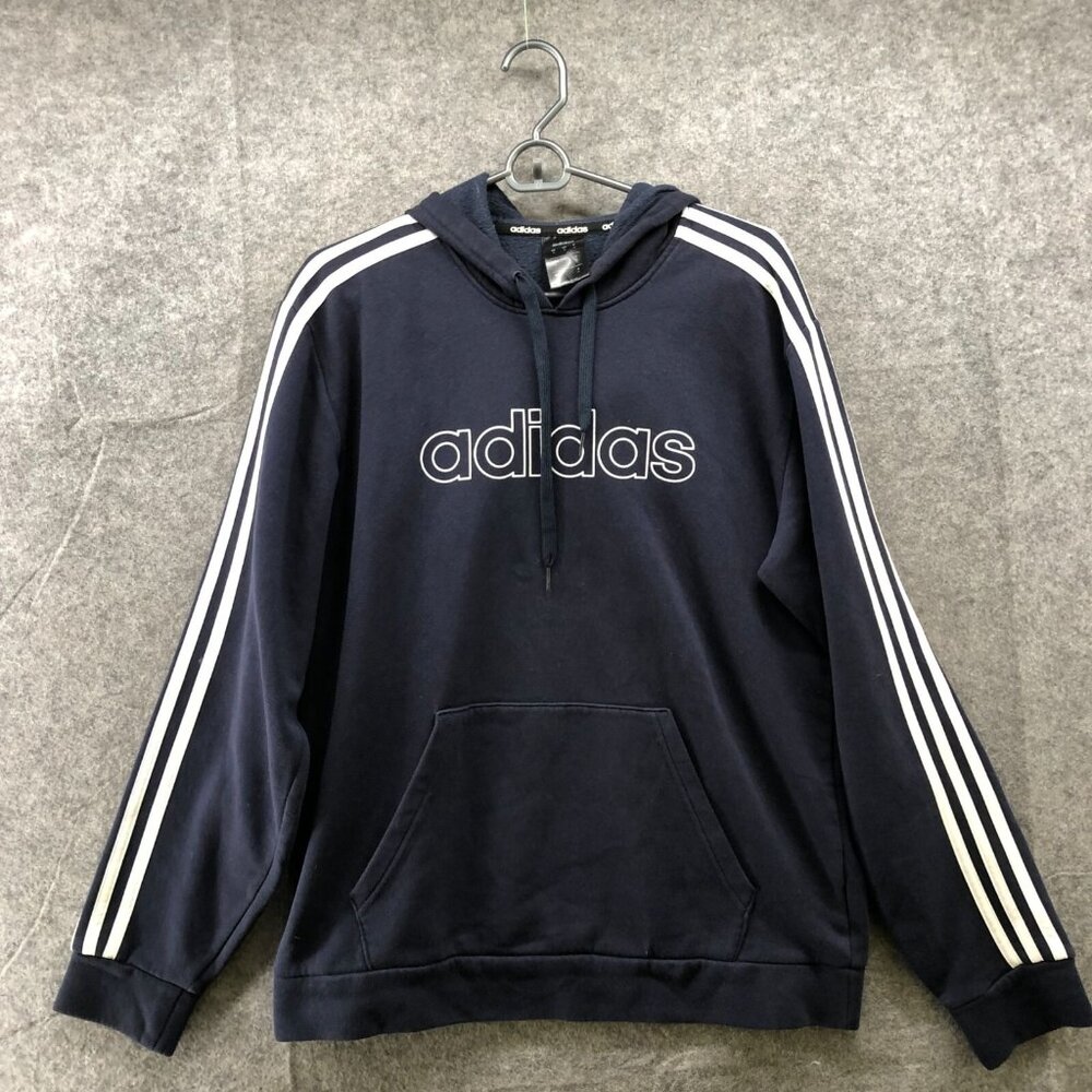 Adidas Pullover Hoodie Mens M Navy Blue 3 Stripe Sweatshirt Fleece Logo